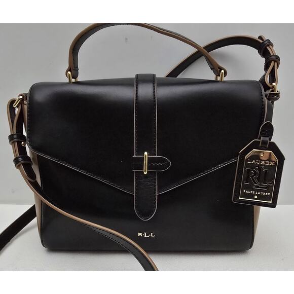 Lauren Ralph Lauren Raquel Medium Messenger Bag Leather Black Tan Trim $249 - Picture 1 of 14